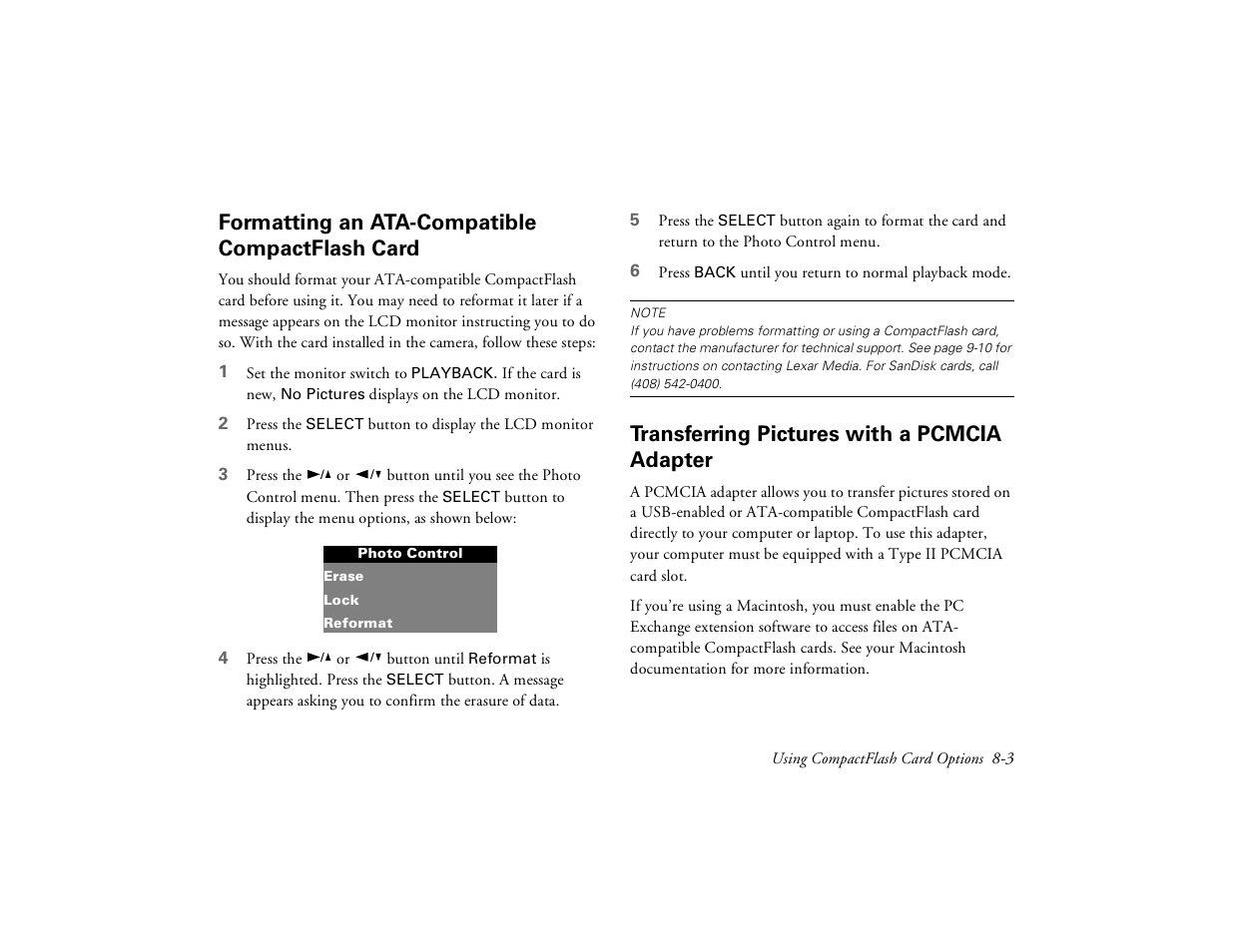 Formatting an ata-compatible compactflash card, Transferring pictures with a pcmcia adapter, Formatting an ata-compatible | Compactflash, Card 8-3 | Epson PhotoPC 650 User Manual | Page 127 / 158