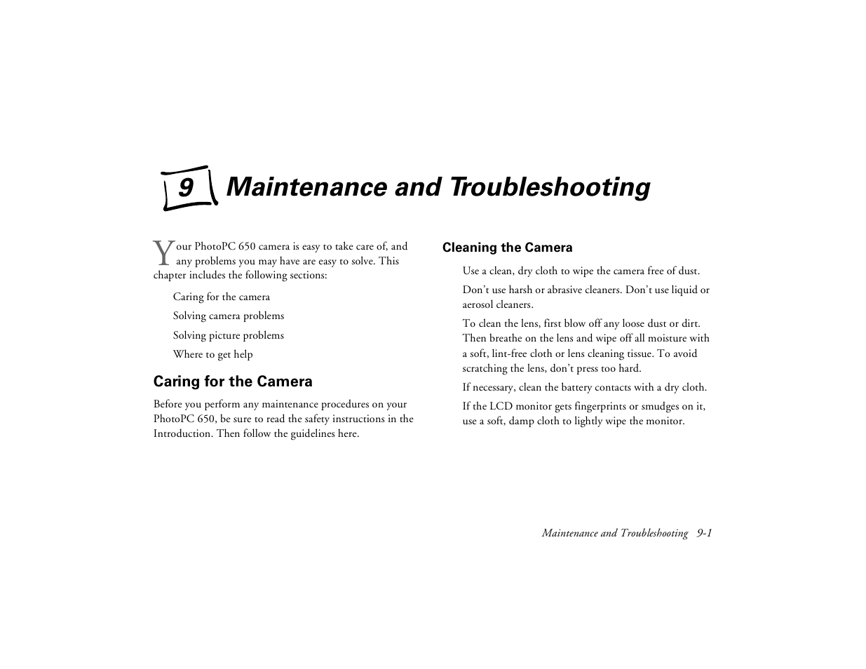 Chap 9-maintenance and troubleshooting, Caring for the camera, Cleaning the camera | Maintenance and troubleshooting | Epson PhotoPC 650 User Manual | Page 129 / 158