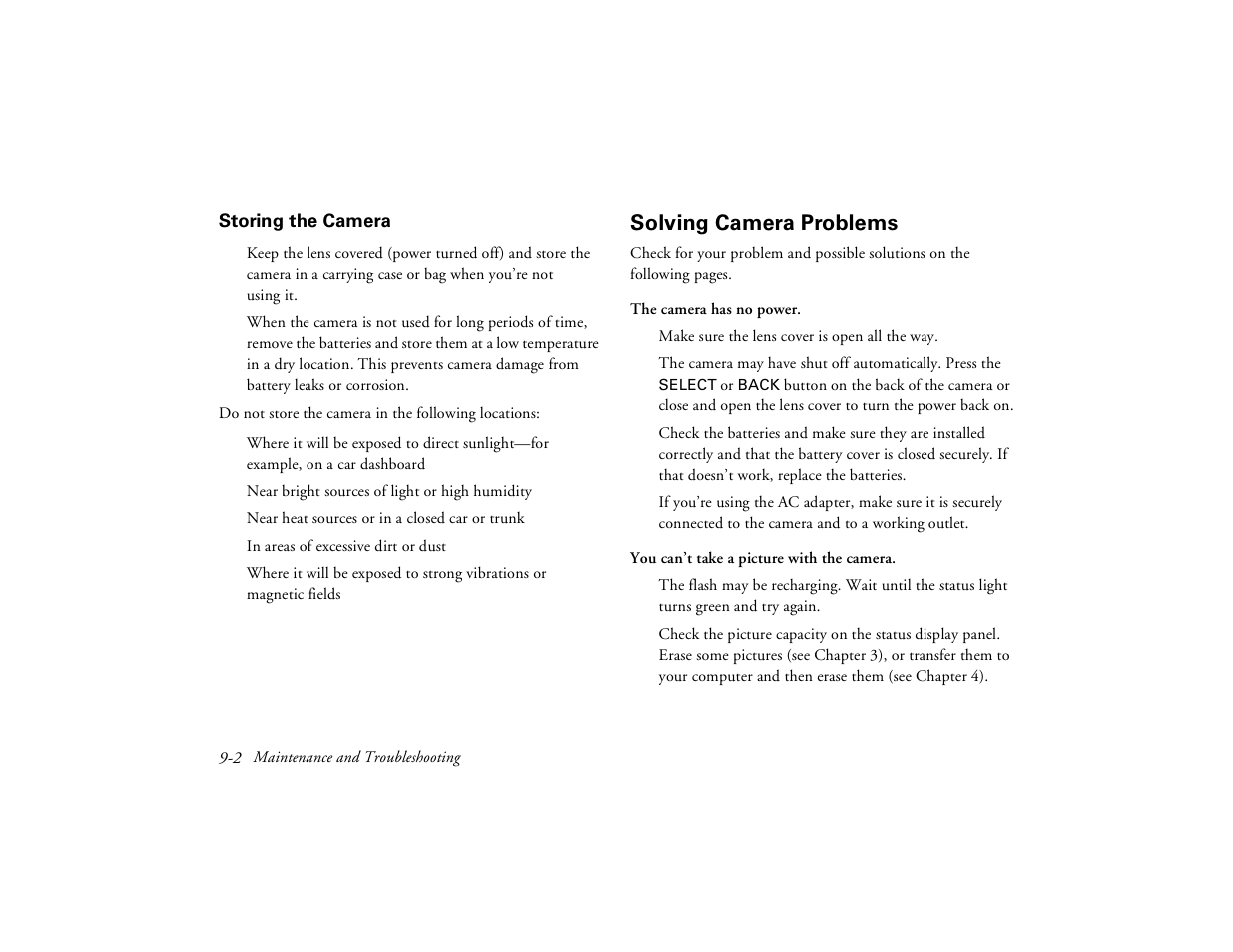 Storing the camera, Solving camera problems | Epson PhotoPC 650 User Manual | Page 130 / 158
