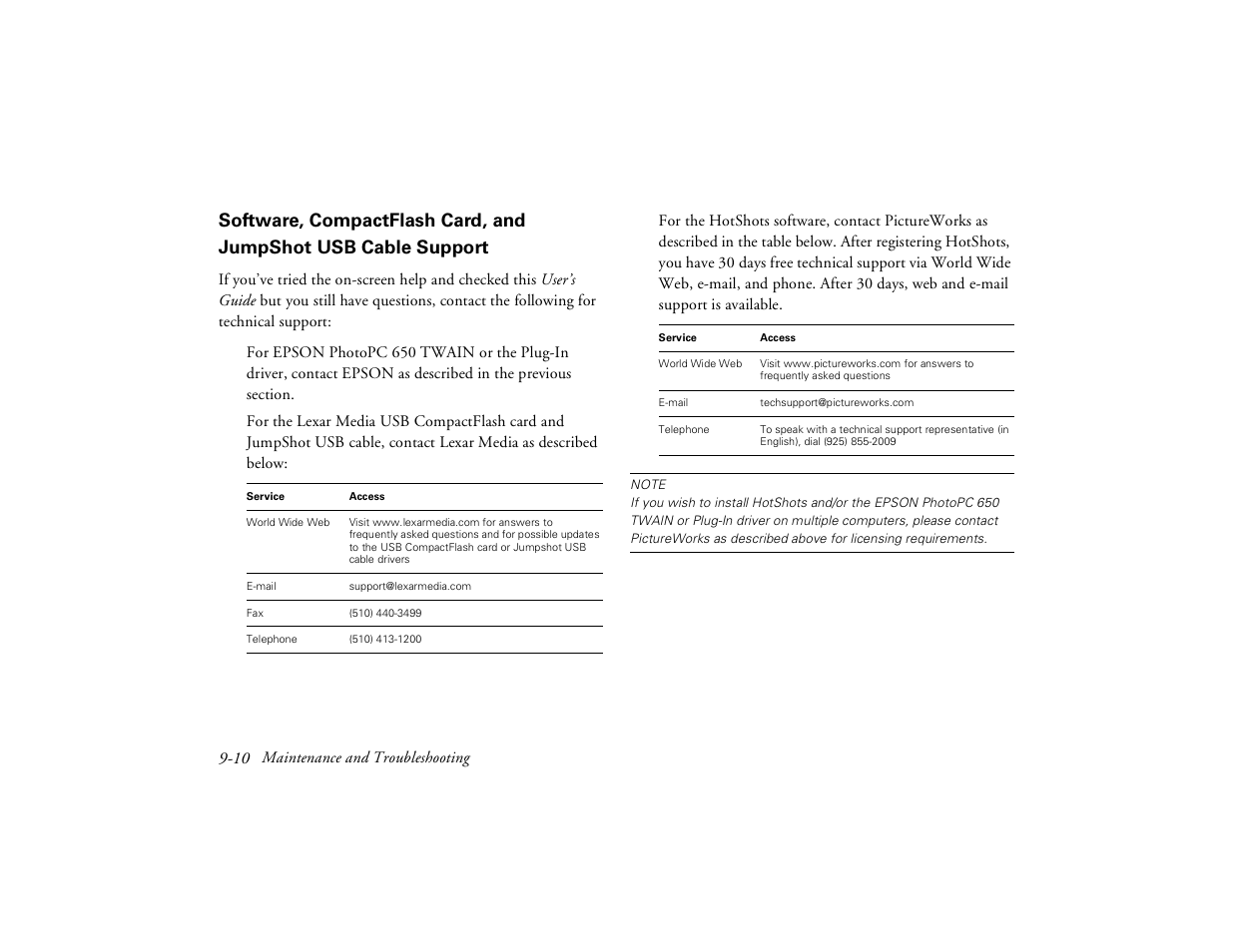 Software, compactflash card, and, Jumpshot usb cable support | Epson PhotoPC 650 User Manual | Page 138 / 158