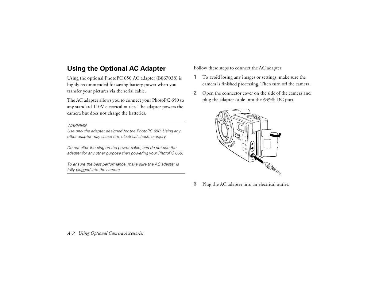 Using the optional ac adapter | Epson PhotoPC 650 User Manual | Page 140 / 158