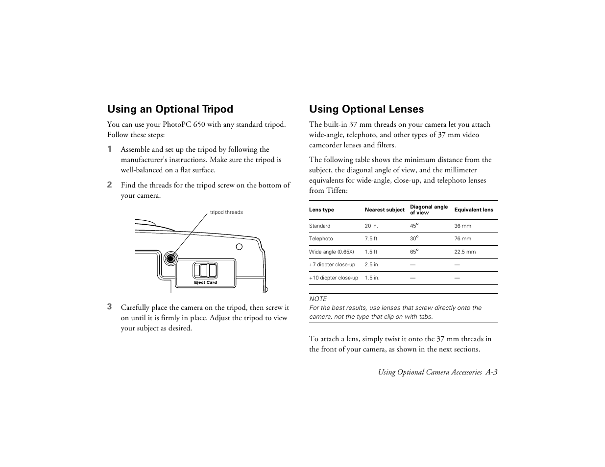 Using an optional tripod, Using optional lenses | Epson PhotoPC 650 User Manual | Page 141 / 158