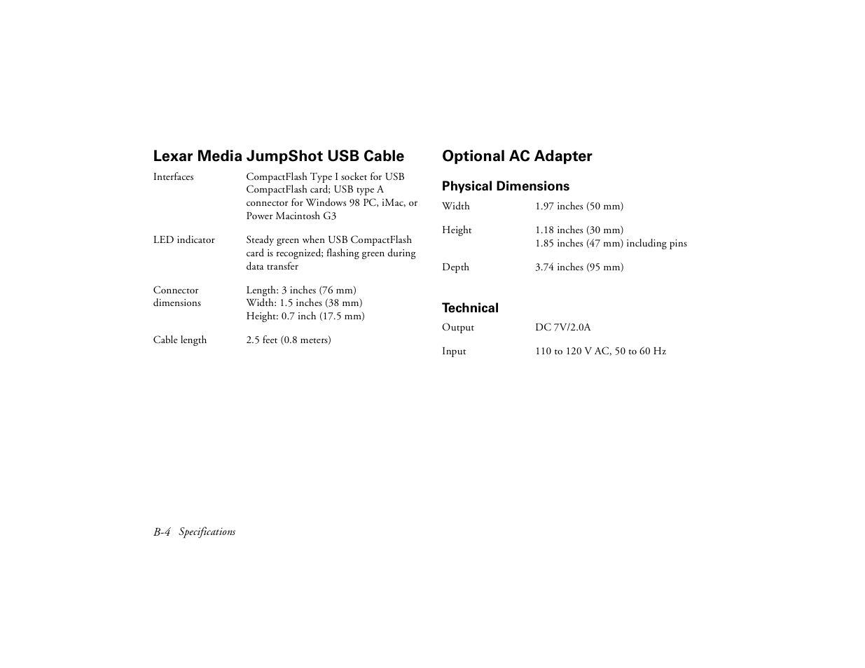 Lexar media jumpshot usb cable, Optional ac adapter, Physical dimensions | Technical, Technical b-4, Lexar media jumpshot usb cable optional ac adapter | Epson PhotoPC 650 User Manual | Page 148 / 158