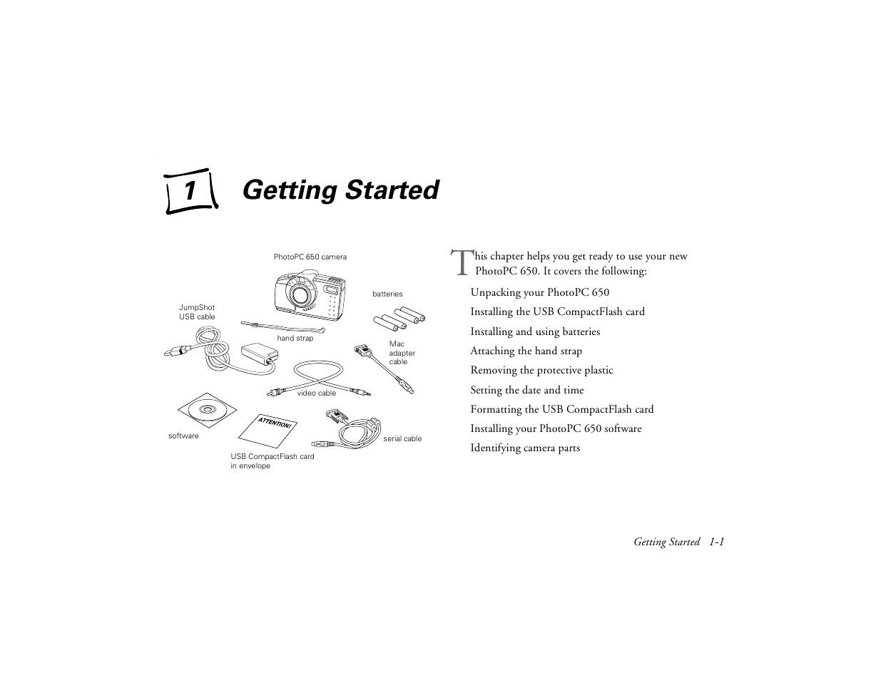 Chap 1-getting started, Getting started | Epson PhotoPC 650 User Manual | Page 15 / 158