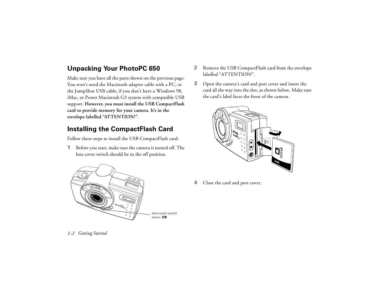 Unpacking your photopc650, Installing the compactflash card, Unpacking your photopc 650 | Epson PhotoPC 650 User Manual | Page 16 / 158