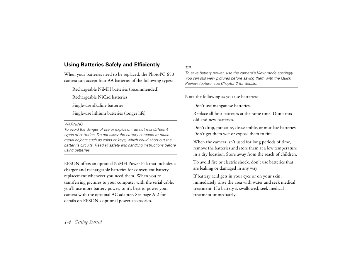 Using batteries safely and efficiently | Epson PhotoPC 650 User Manual | Page 18 / 158