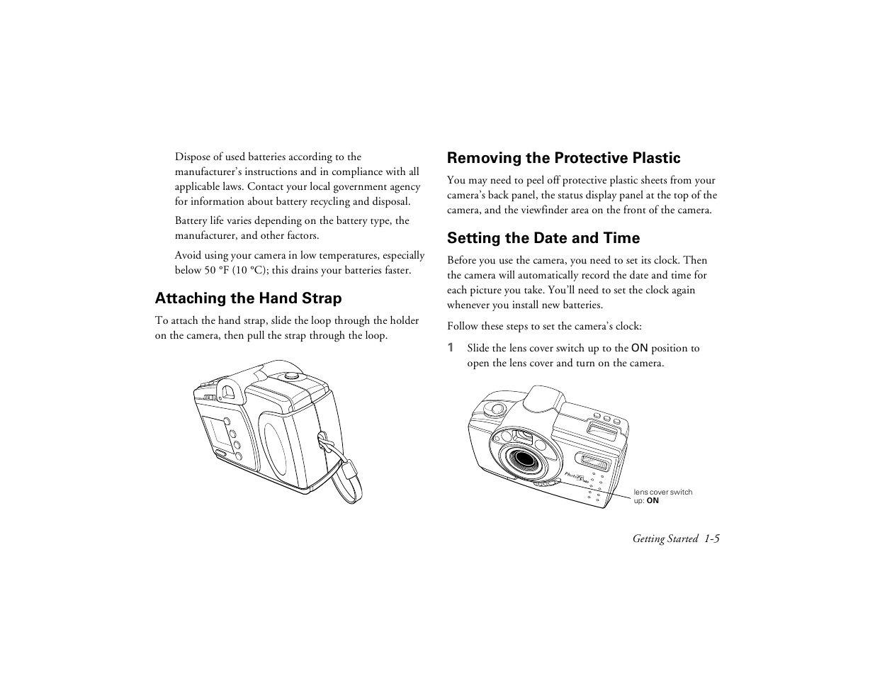 Attaching the hand strap, Removing the protective plastic, Setting the date and time | Epson PhotoPC 650 User Manual | Page 19 / 158