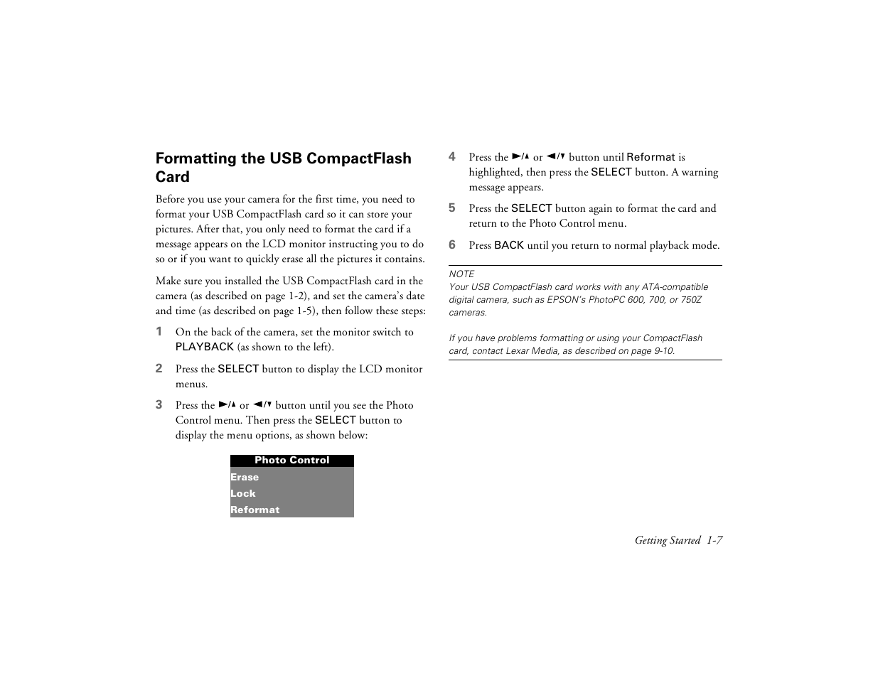 Formatting the usb compactflash card | Epson PhotoPC 650 User Manual | Page 21 / 158