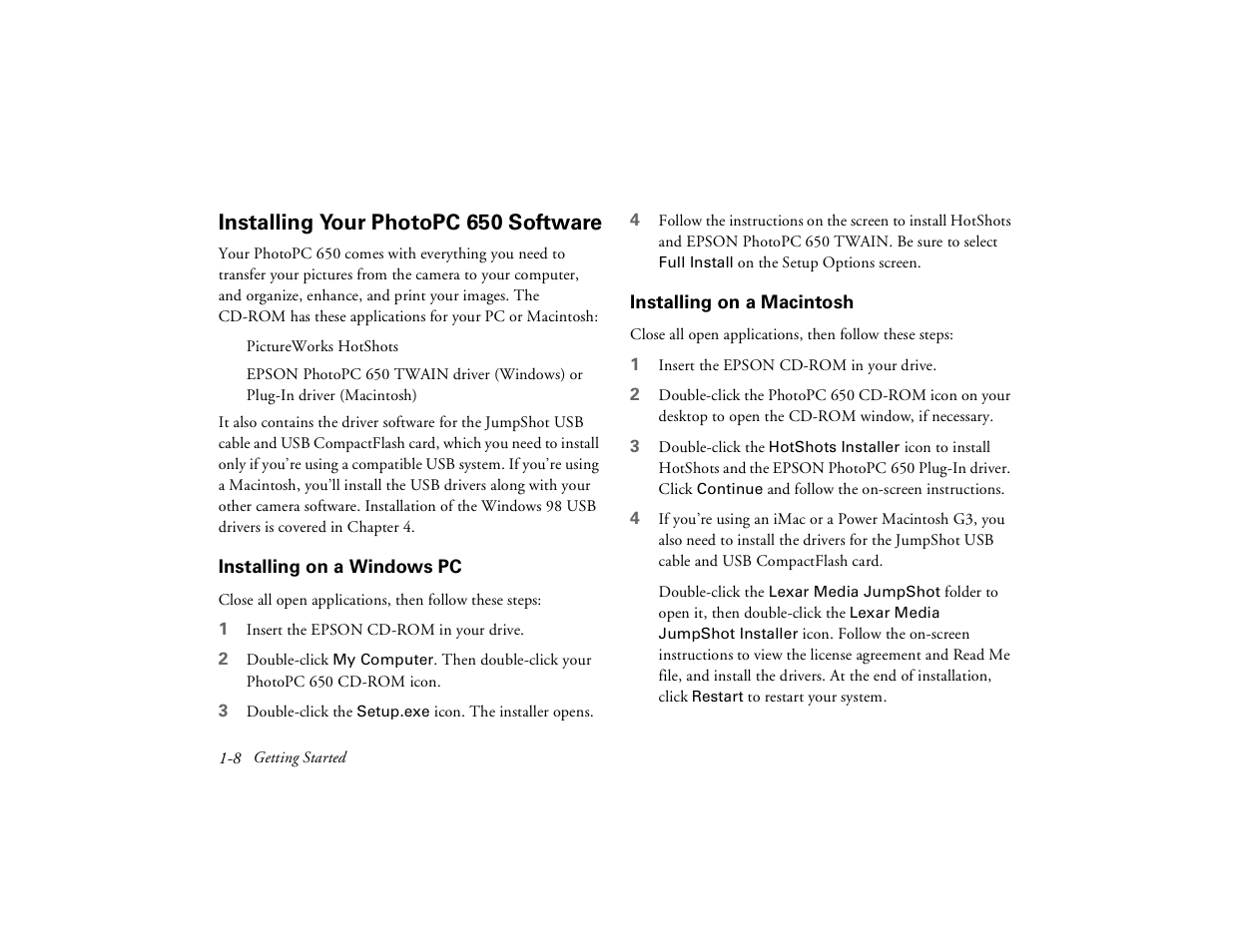 Installing your photopc650 software, Installing on a windows pc, Installing on a macintosh | Installing your photopc 650 software | Epson PhotoPC 650 User Manual | Page 22 / 158