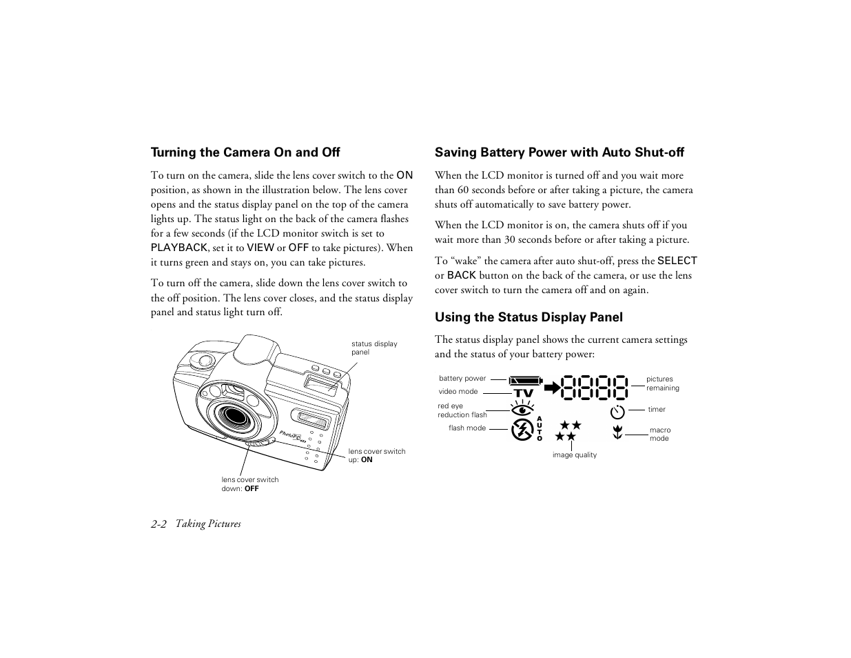 Turning the camera on and off, Saving battery power with auto shut-off, Using the status display panel | Epson PhotoPC 650 User Manual | Page 26 / 158