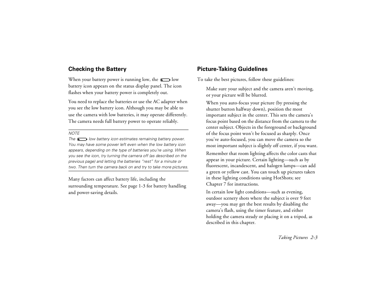 Checking the battery, Picture-taking guidelines | Epson PhotoPC 650 User Manual | Page 27 / 158