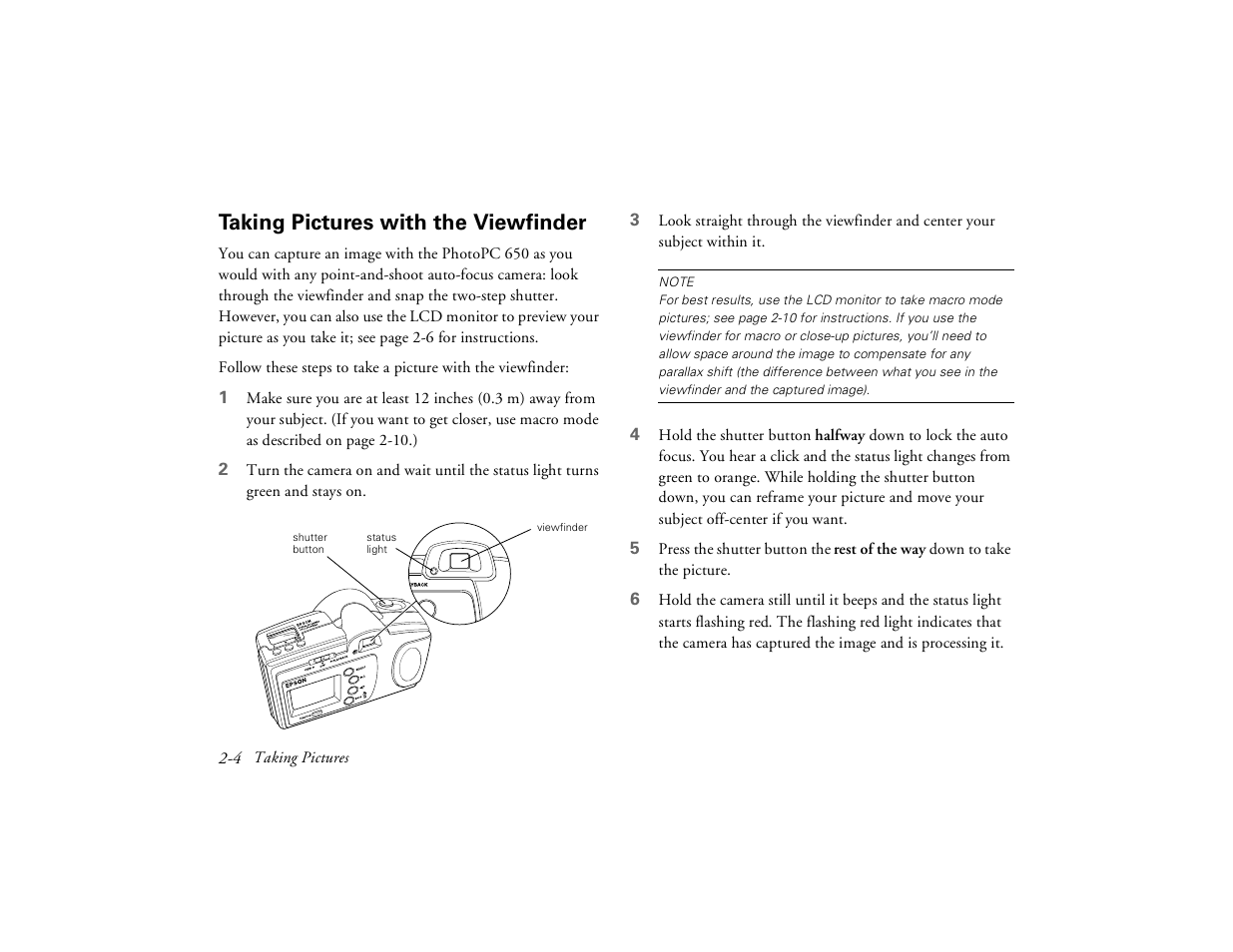 Taking pictures with the viewfinder | Epson PhotoPC 650 User Manual | Page 28 / 158