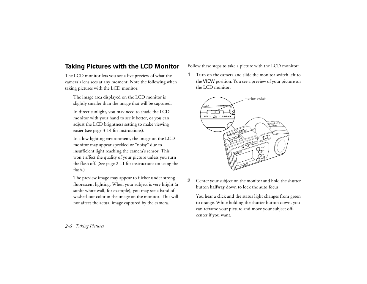 Taking pictures with the lcd monitor | Epson PhotoPC 650 User Manual | Page 30 / 158