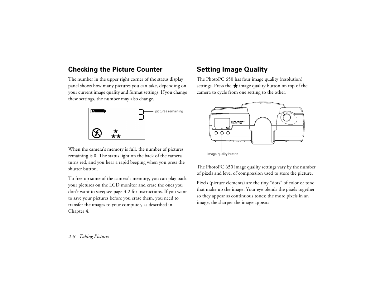 Checking the picture counter, Setting image quality | Epson PhotoPC 650 User Manual | Page 32 / 158