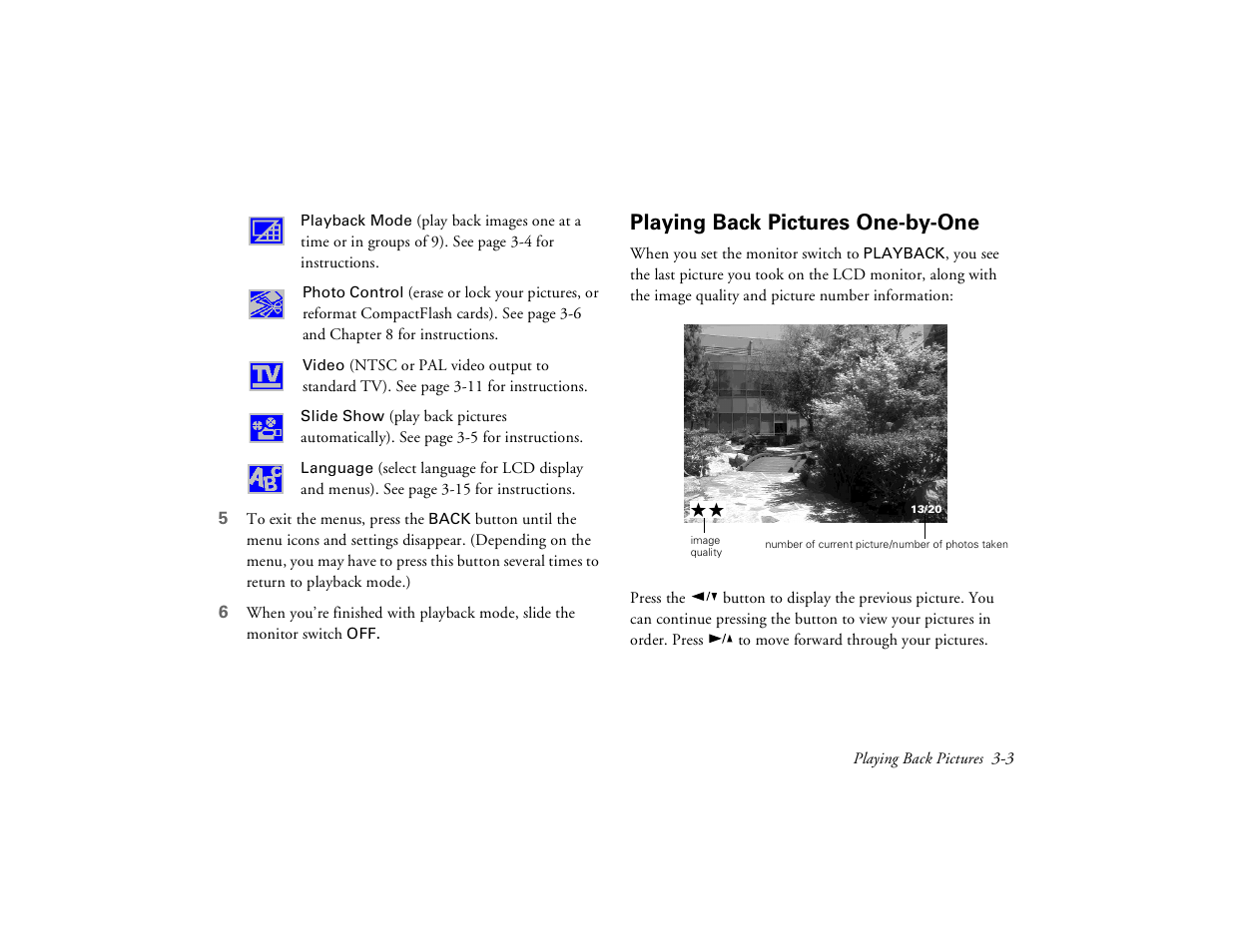 Playing back pictures one-by-one | Epson PhotoPC 650 User Manual | Page 39 / 158