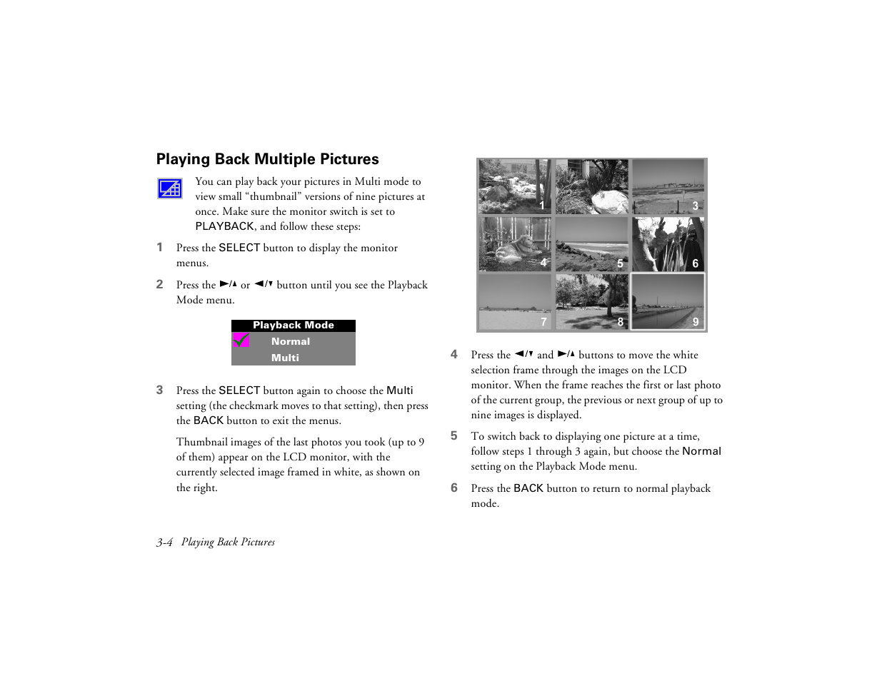 Playing back multiple pictures | Epson PhotoPC 650 User Manual | Page 40 / 158