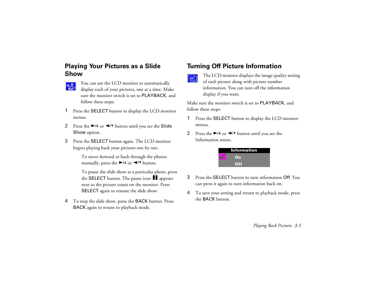Playing your pictures as a slide show, Turning off picture information, 5 fo | Epson PhotoPC 650 User Manual | Page 41 / 158