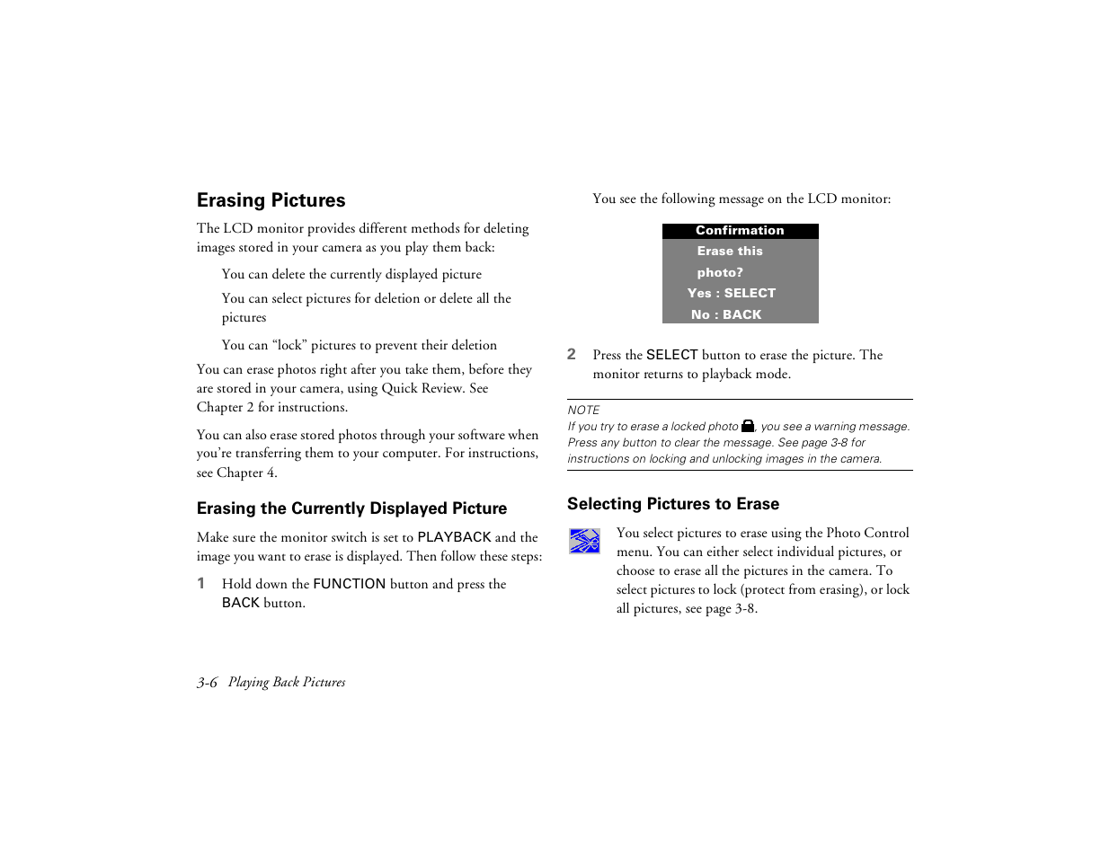 Erasing pictures, Erasing the currently displayed picture, Selecting pictures to erase | Epson PhotoPC 650 User Manual | Page 42 / 158