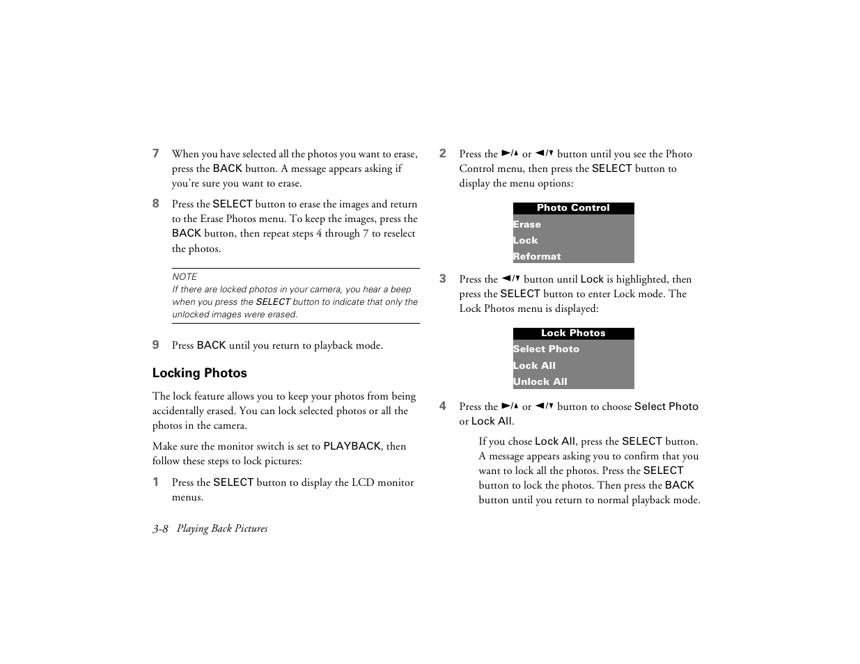 Locking photos, Locking, Photos 3-8 | Epson PhotoPC 650 User Manual | Page 44 / 158