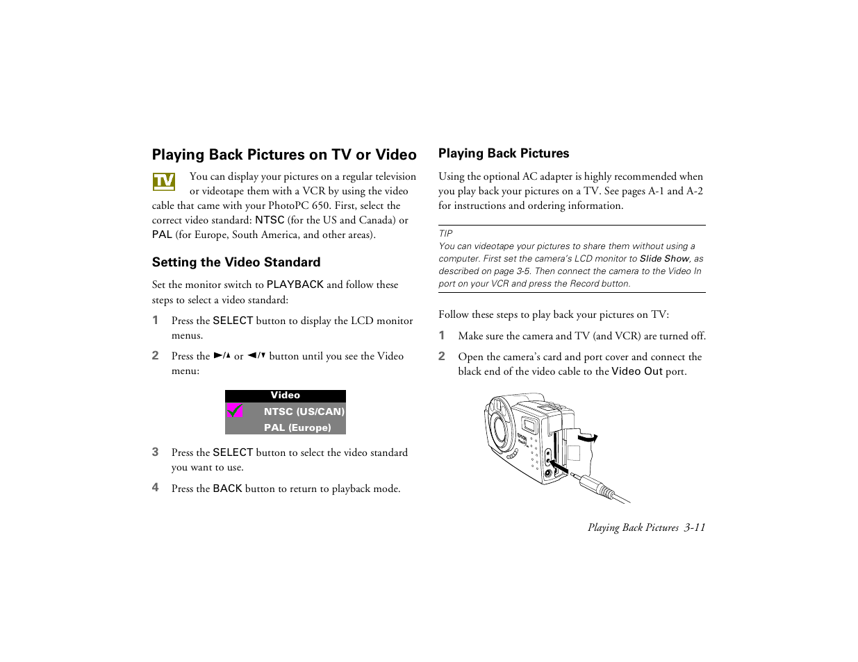 Playing back pictures on tv or video, Setting the video standard, Playing back pictures | 11 fo | Epson PhotoPC 650 User Manual | Page 47 / 158