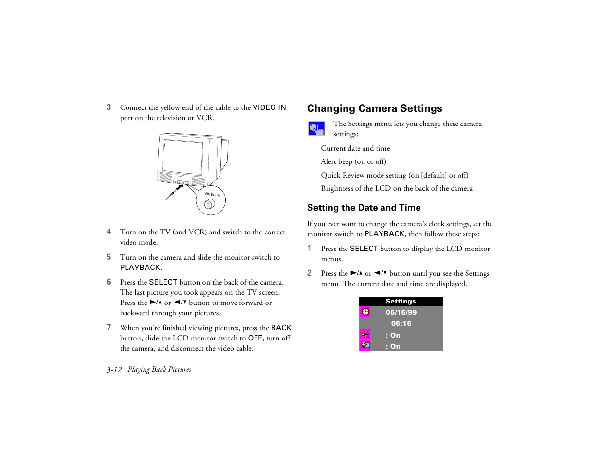 Changing camera settings, Setting the date and time | Epson PhotoPC 650 User Manual | Page 48 / 158