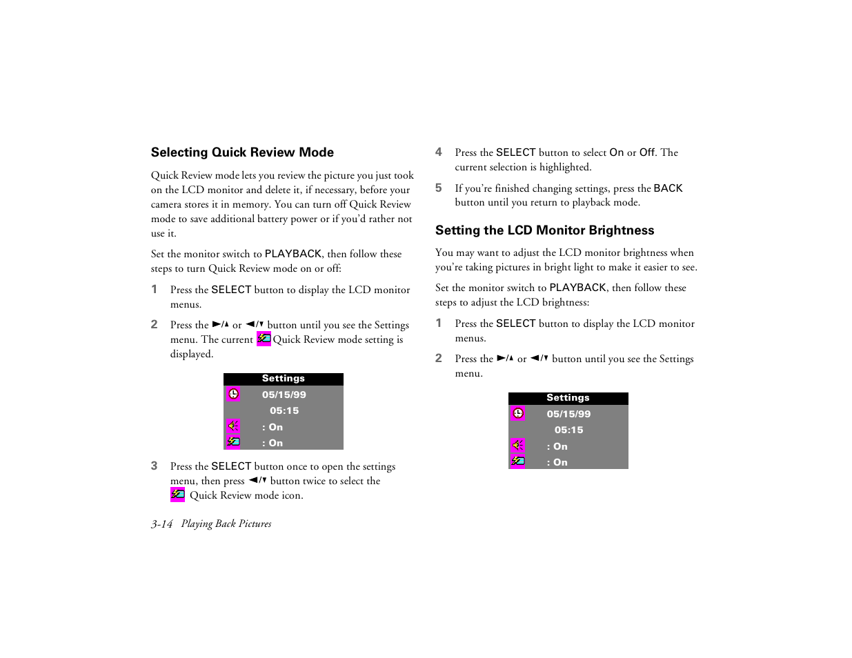 Selecting quick review mode, Setting the lcd monitor brightness | Epson PhotoPC 650 User Manual | Page 50 / 158