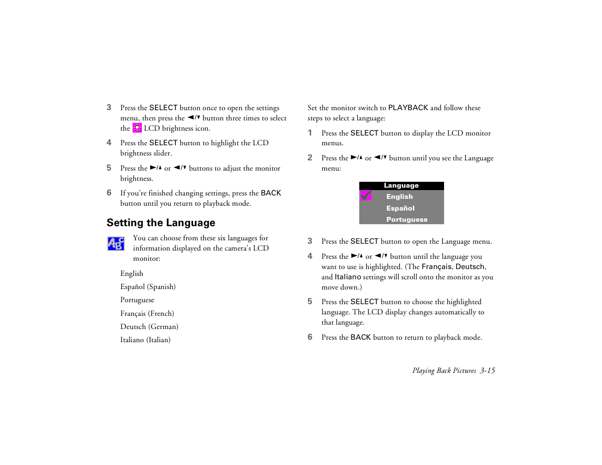 Setting the language | Epson PhotoPC 650 User Manual | Page 51 / 158