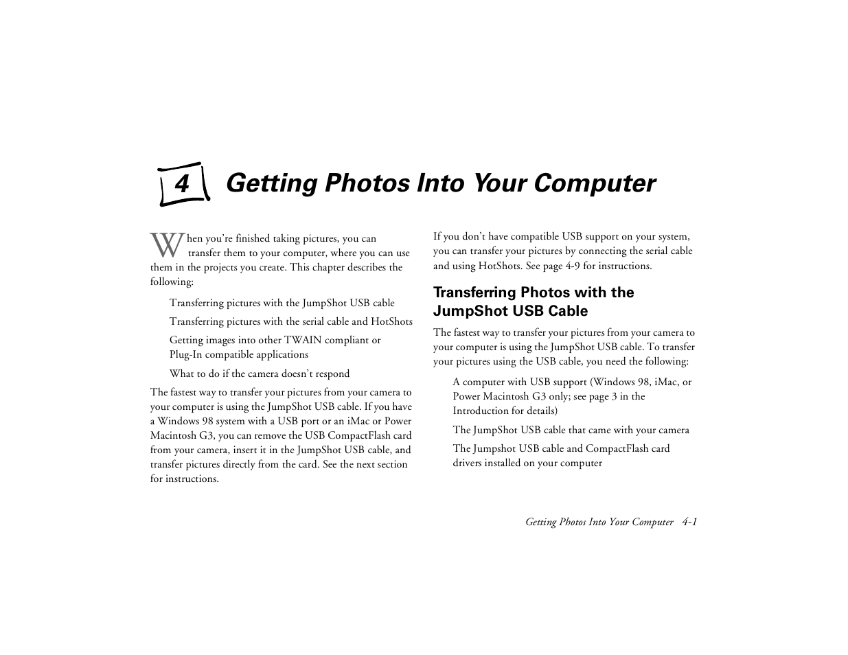 Chap 4-getting photos into your computer, Transferring photos with the jumpshot usb cable, Getting photos into your computer | Transferring photos with the jumpshot, Usb cable | Epson PhotoPC 650 User Manual | Page 53 / 158