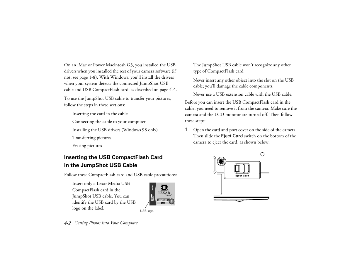Inserting the usb compactflash card, In the jumpshot usb cable | Epson PhotoPC 650 User Manual | Page 54 / 158