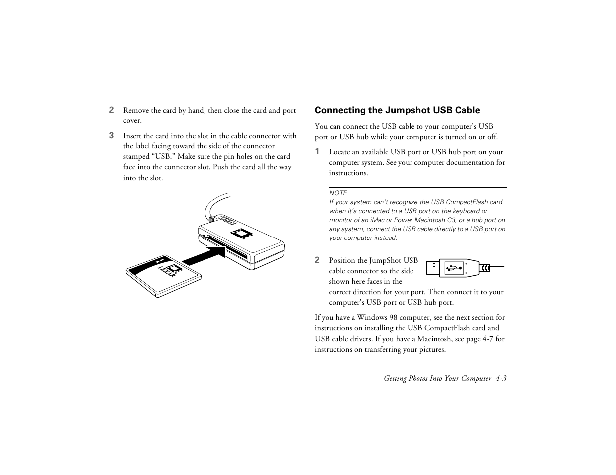 Connecting the jumpshot usb cable | Epson PhotoPC 650 User Manual | Page 55 / 158