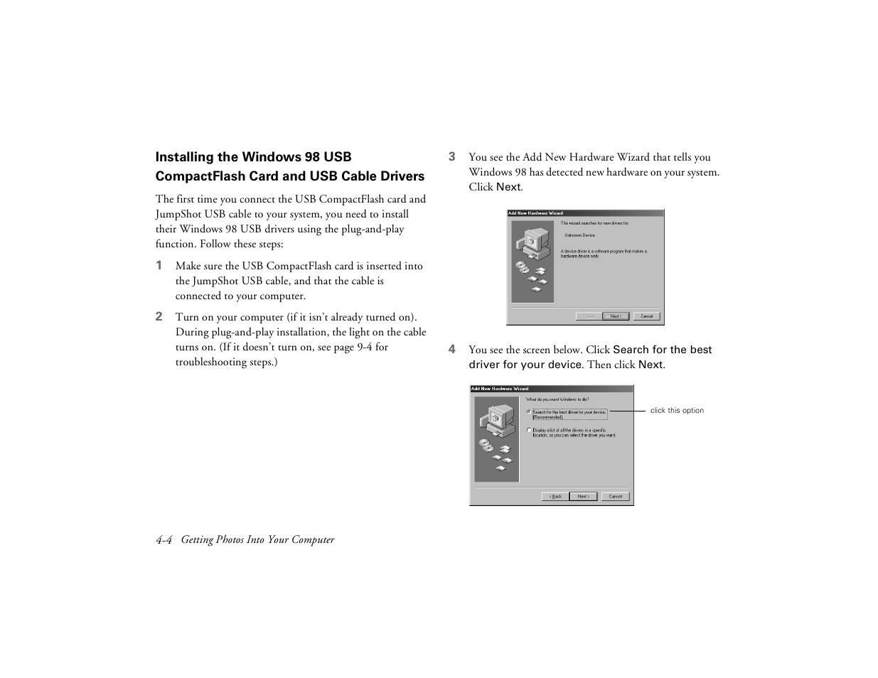 Installing the windows 98 usb compactflash, Card and usb cable drivers | Epson PhotoPC 650 User Manual | Page 56 / 158