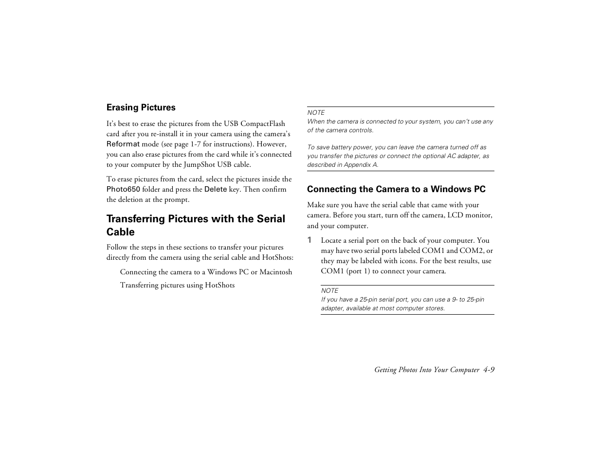 Erasing pictures, Transferring pictures with the serial cable, Connecting the camera to a windows pc | Erasing, Pictures 4-9 | Epson PhotoPC 650 User Manual | Page 61 / 158