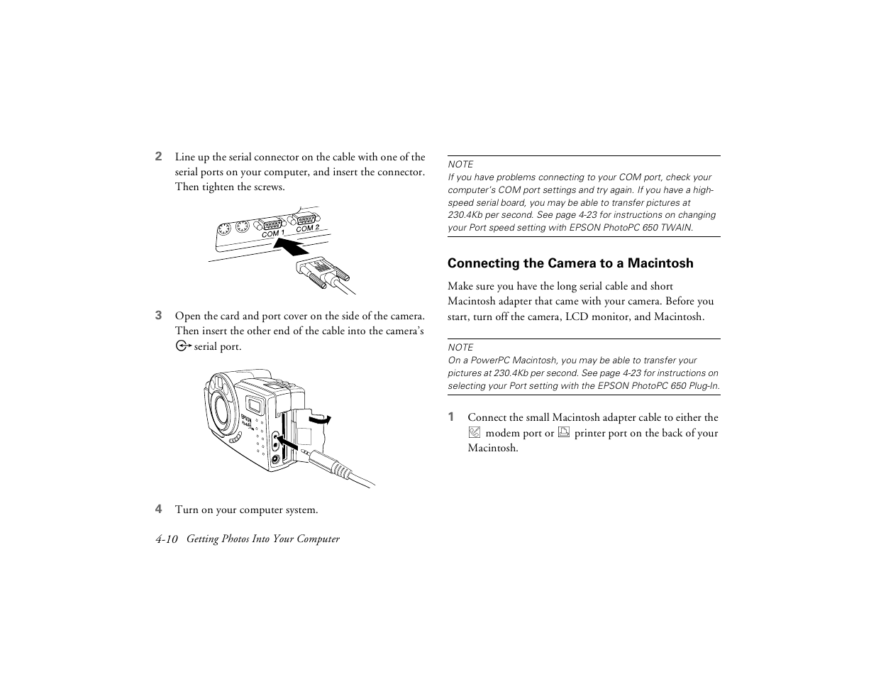Connecting the camera to a macintosh | Epson PhotoPC 650 User Manual | Page 62 / 158