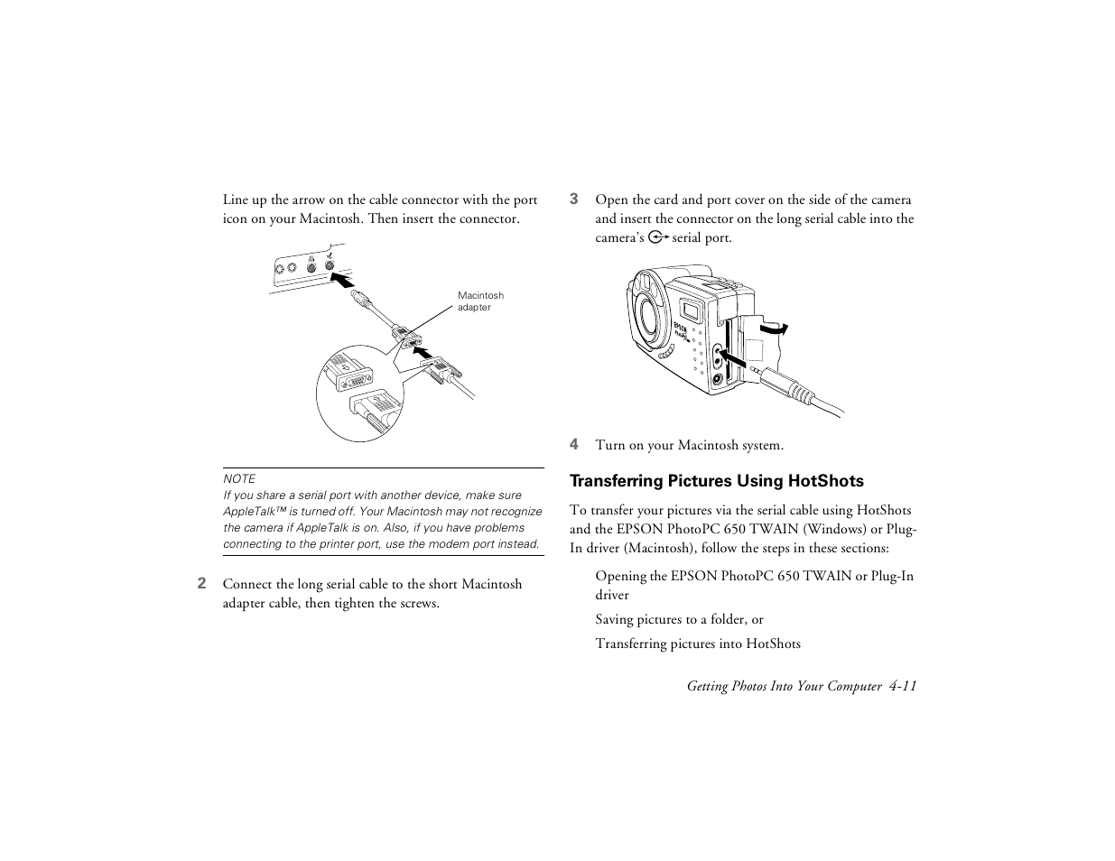 Transferring pictures using hotshots | Epson PhotoPC 650 User Manual | Page 63 / 158