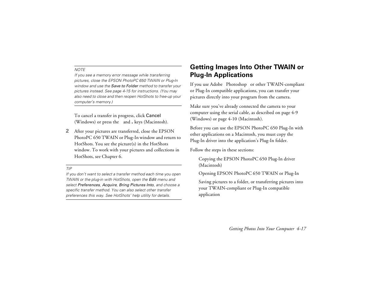Getting images into other twain or plug, In applications 4-17 | Epson PhotoPC 650 User Manual | Page 69 / 158