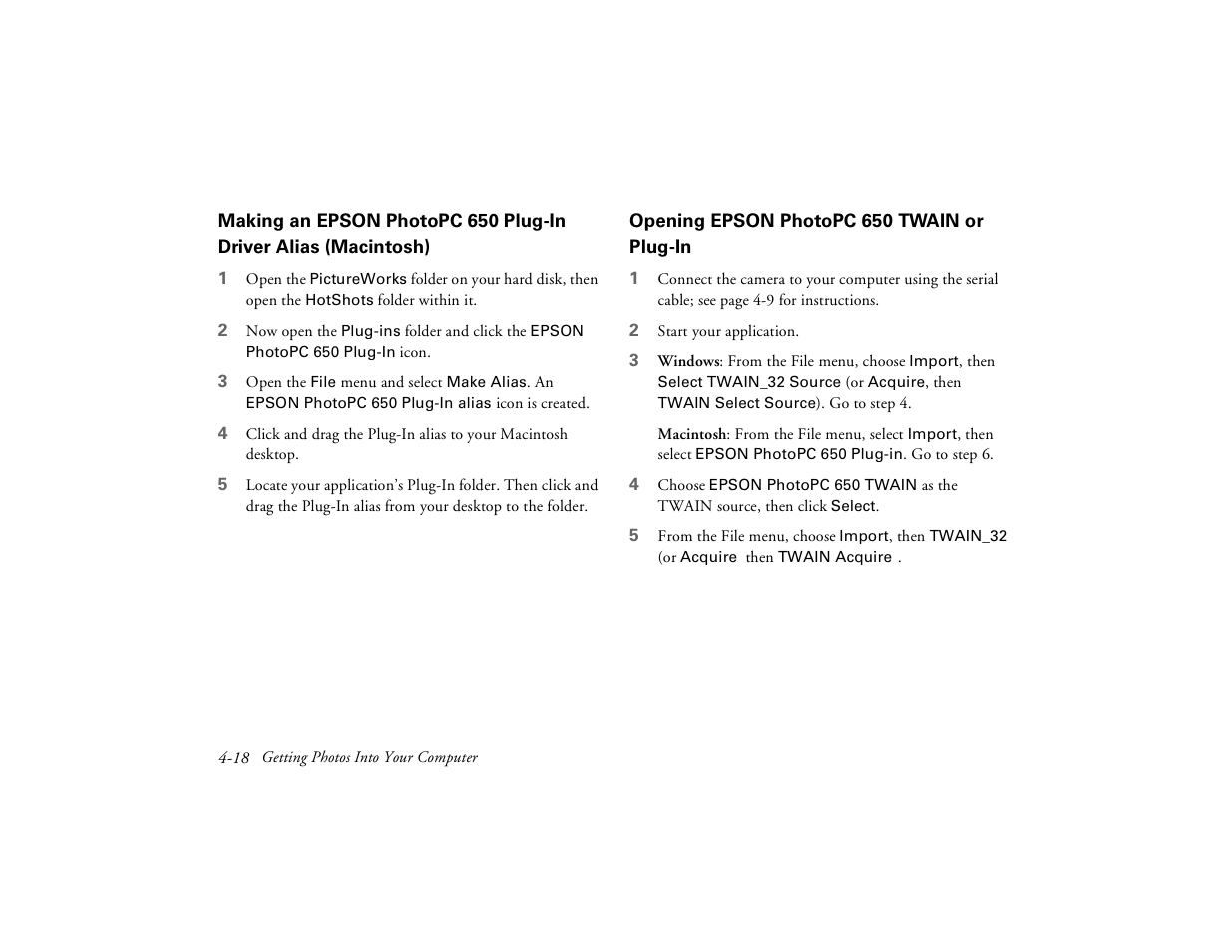 Opening epson photopc650 twain or plug-in, Making an epson photopc 650, Plug-in driver alias (macintosh) | Opening epson photopc 650 twain, Or plug-in | Epson PhotoPC 650 User Manual | Page 70 / 158