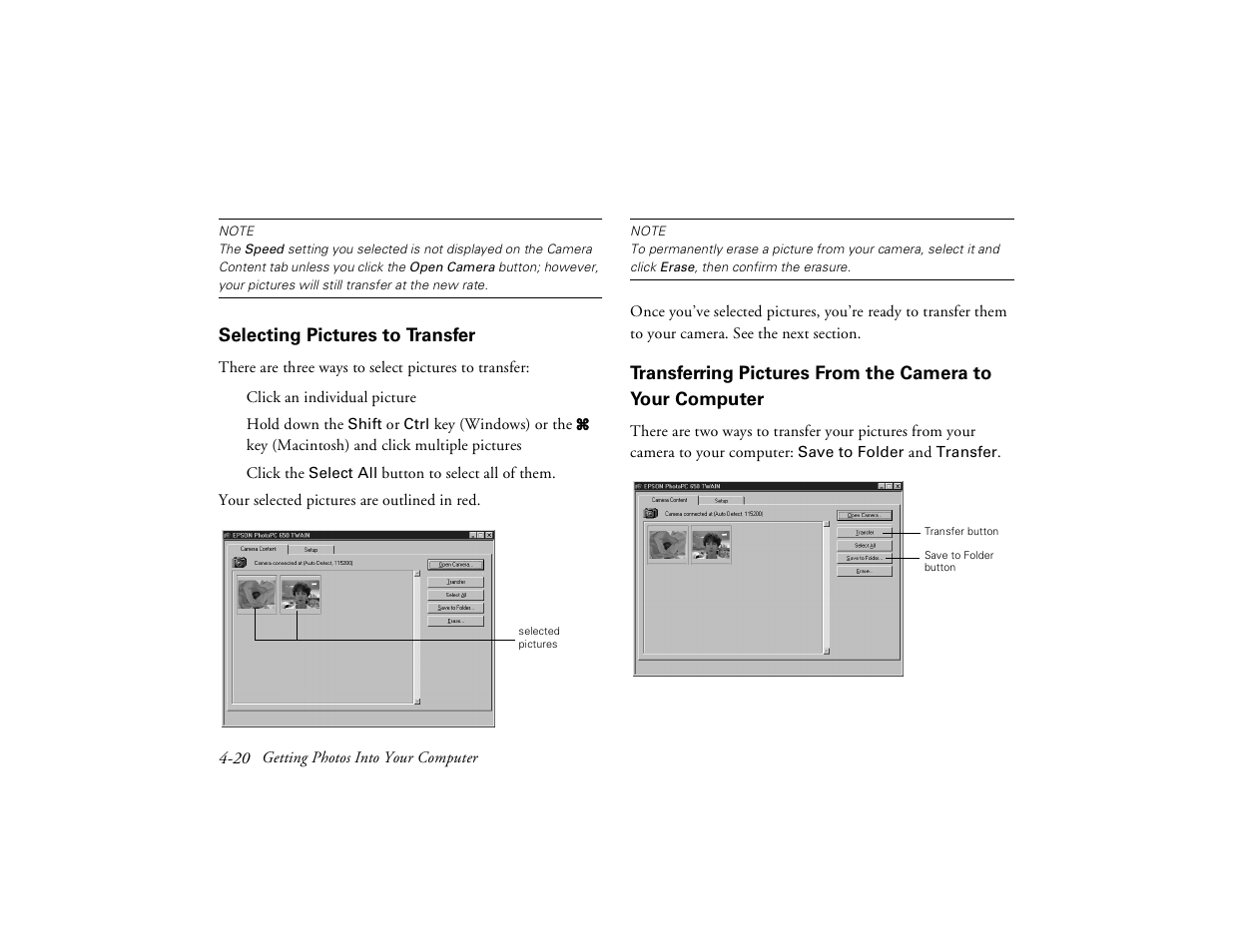 Selecting pictures to transfer, Transferring pictures from the camera to, Your computer | Epson PhotoPC 650 User Manual | Page 72 / 158