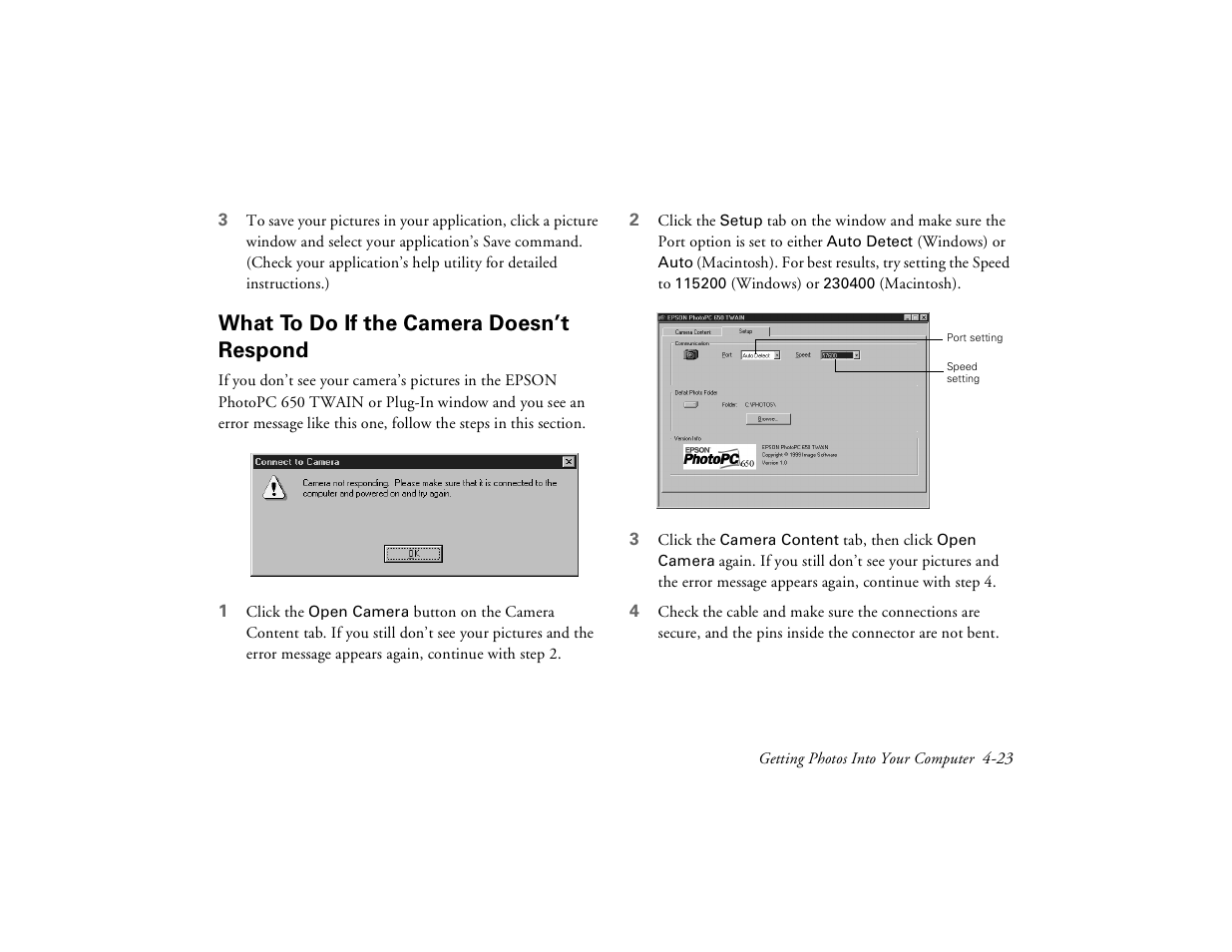 What to do if the camera doesn’t respond | Epson PhotoPC 650 User Manual | Page 75 / 158