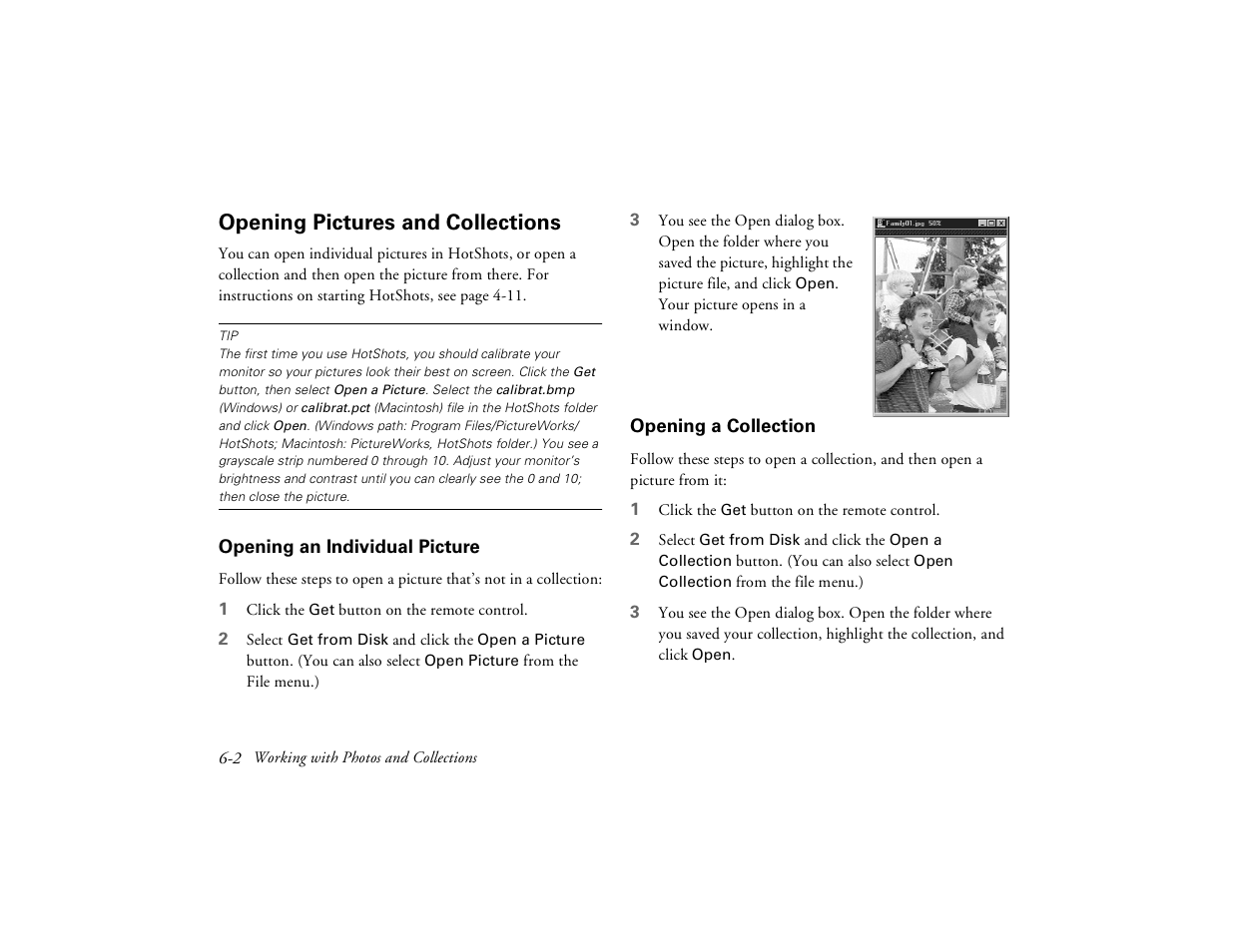 Opening pictures and collections, Opening an individual picture, Opening a collection | Epson PhotoPC 650 User Manual | Page 82 / 158