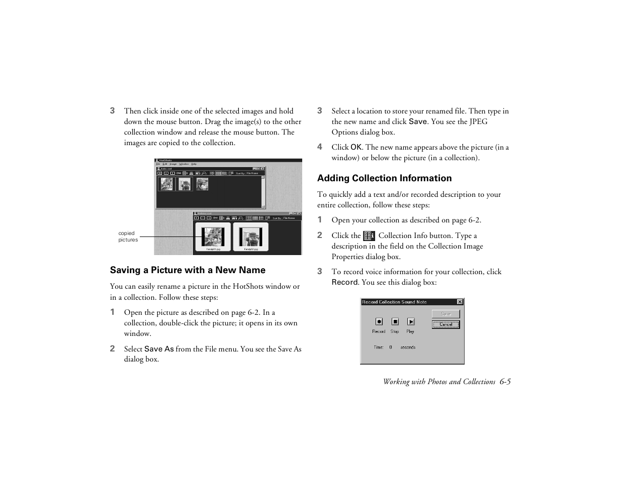 Saving a picture with a new name, Adding collection information | Epson PhotoPC 650 User Manual | Page 85 / 158