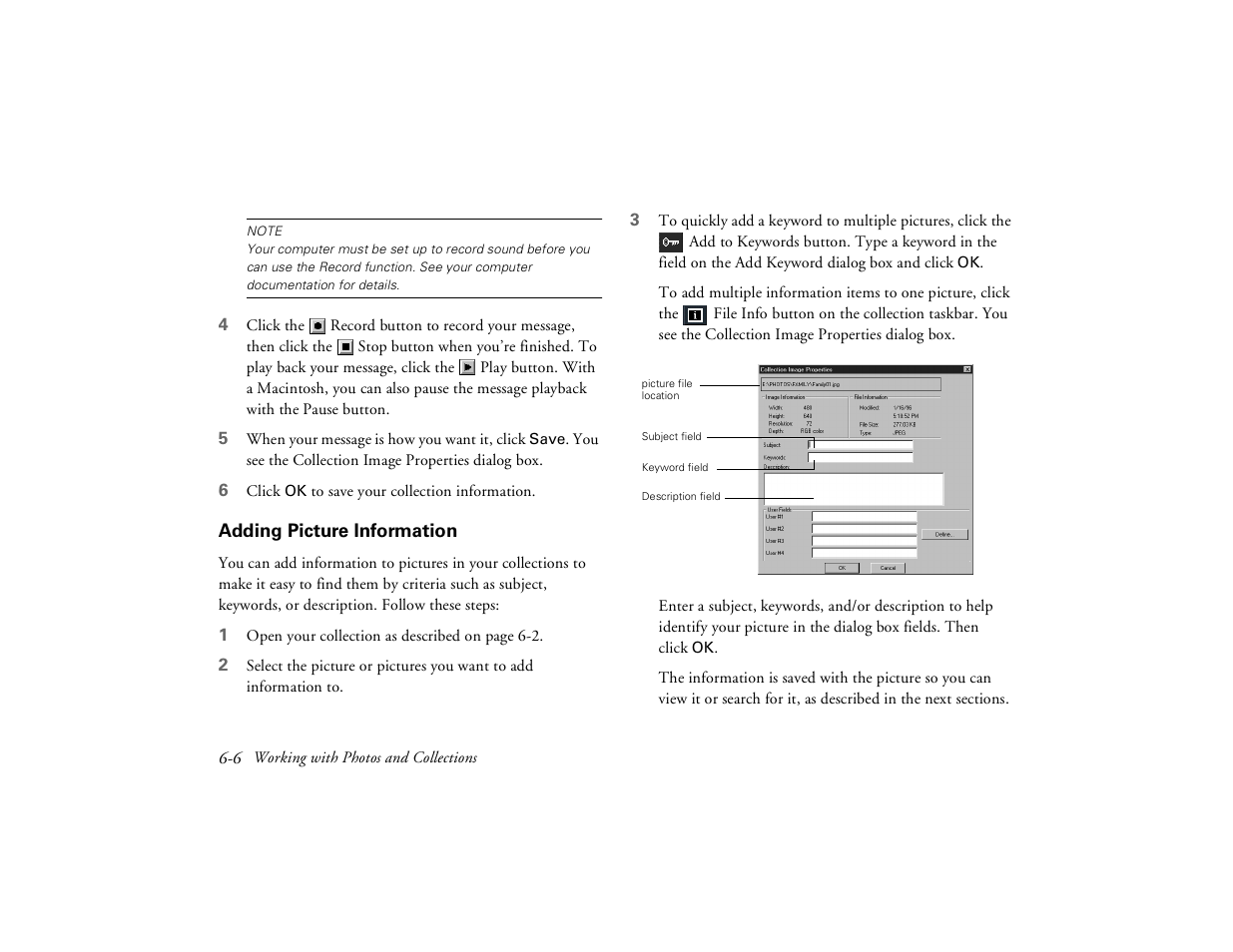 Adding picture information | Epson PhotoPC 650 User Manual | Page 86 / 158