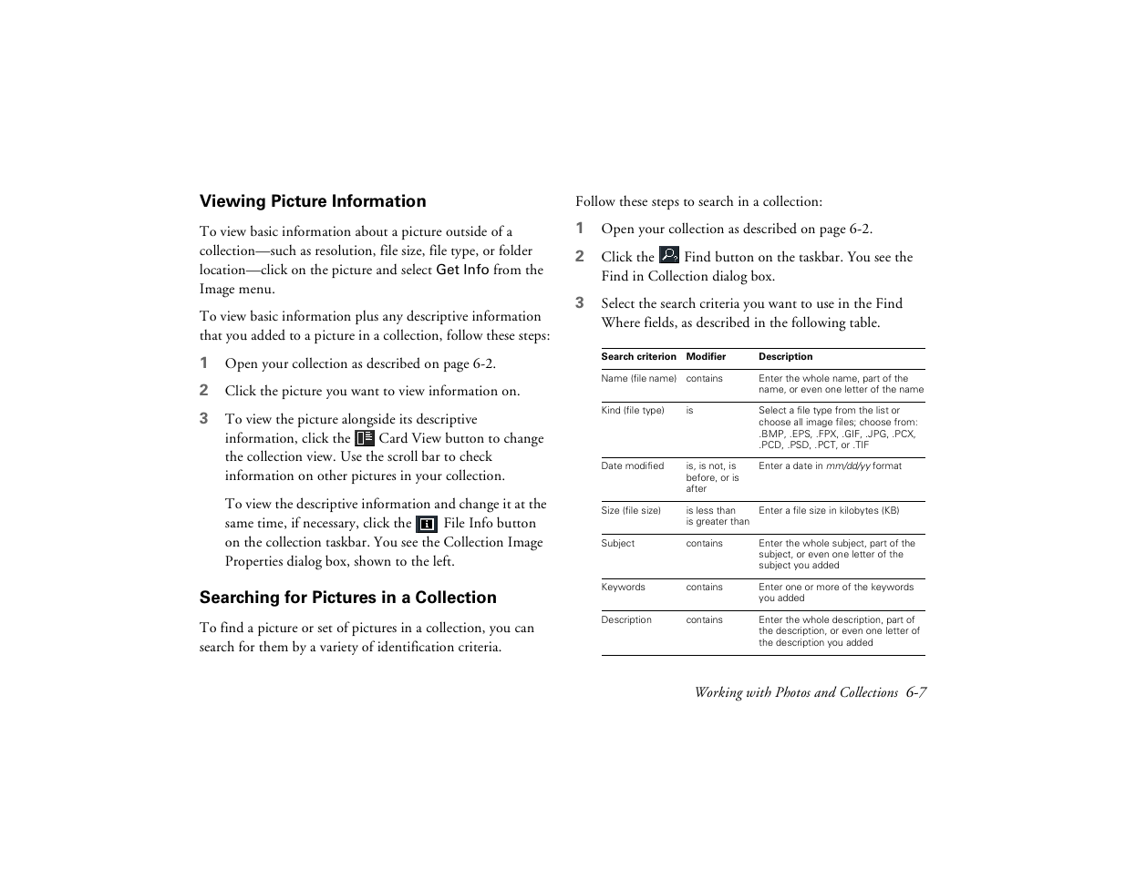 Viewing picture information, Searching for pictures in a collection | Epson PhotoPC 650 User Manual | Page 87 / 158