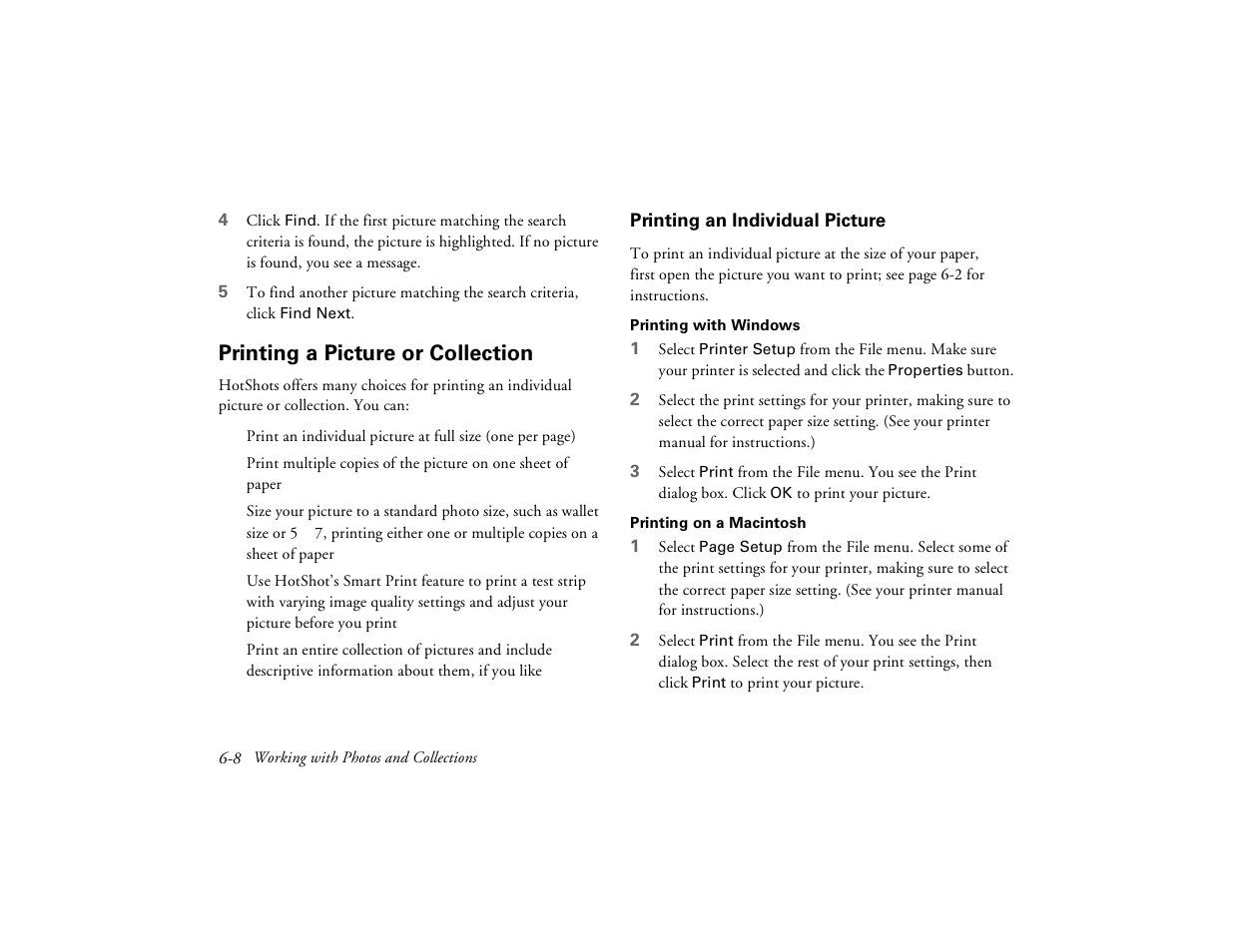 Printing a picture or collection, Printing an individual picture | Epson PhotoPC 650 User Manual | Page 88 / 158