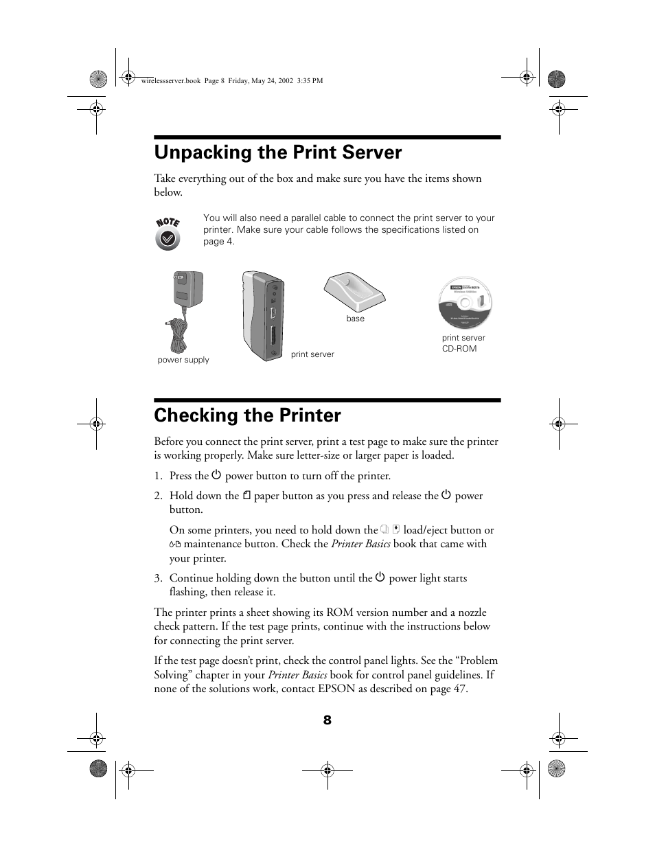 Unpacking the print server, Checking the printer | Epson 80211b User Manual | Page 12 / 68