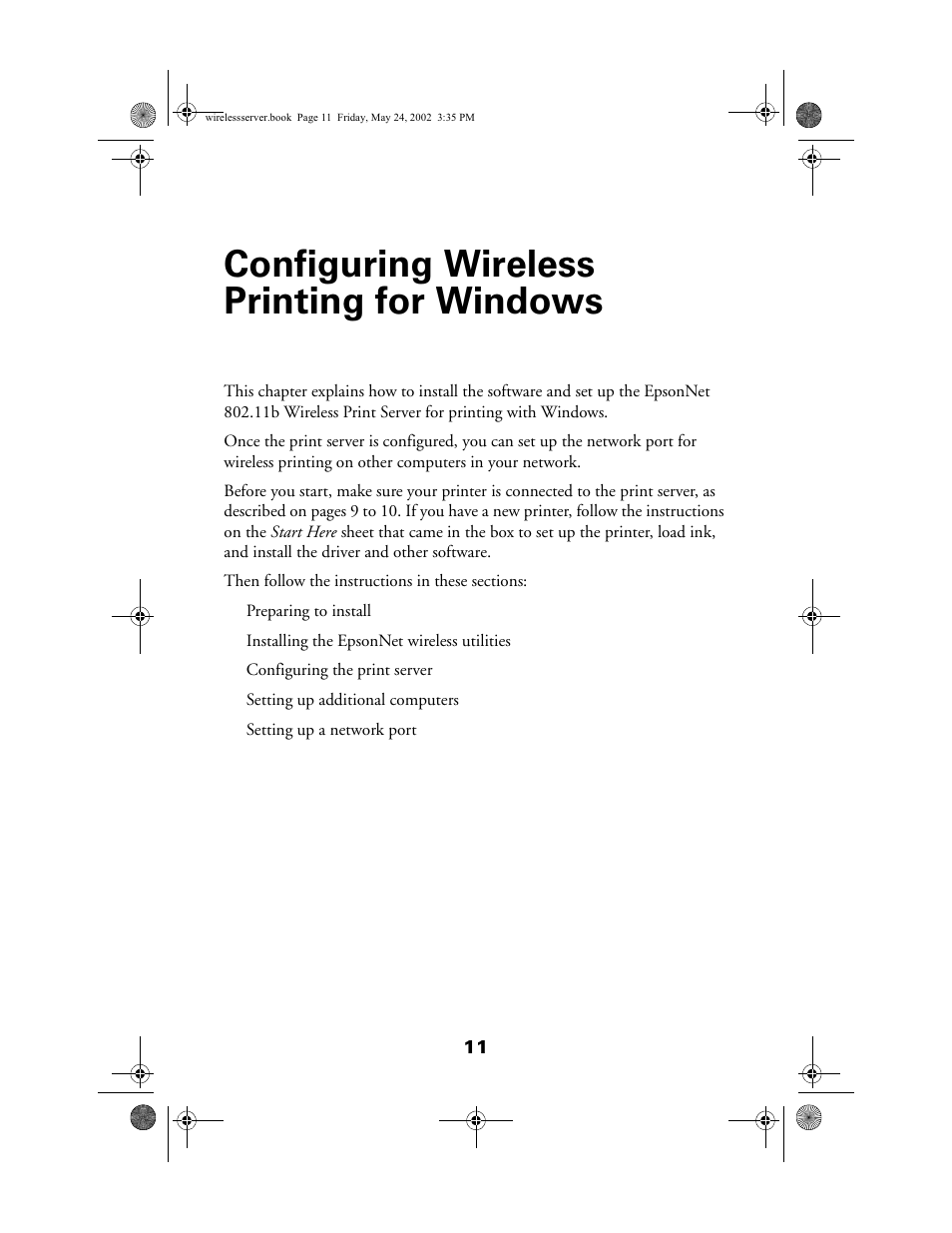 Configuring wireless printing for windows | Epson 80211b User Manual | Page 15 / 68
