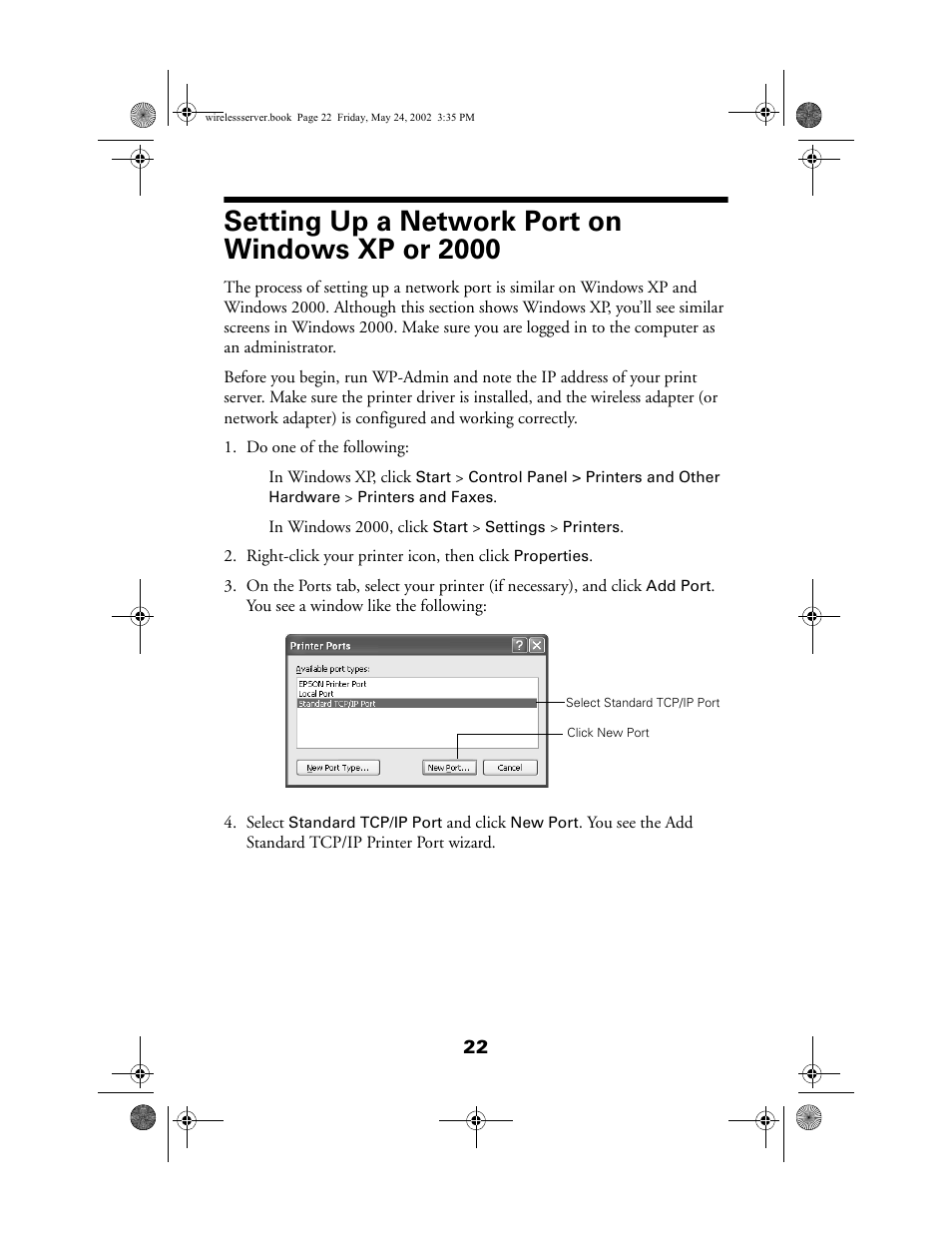 Setting up a network port on windows xp or 2000 | Epson 80211b User Manual | Page 26 / 68