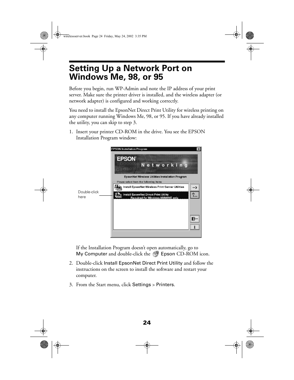 Setting up a network port on windows me, 98, or 95 | Epson 80211b User Manual | Page 28 / 68