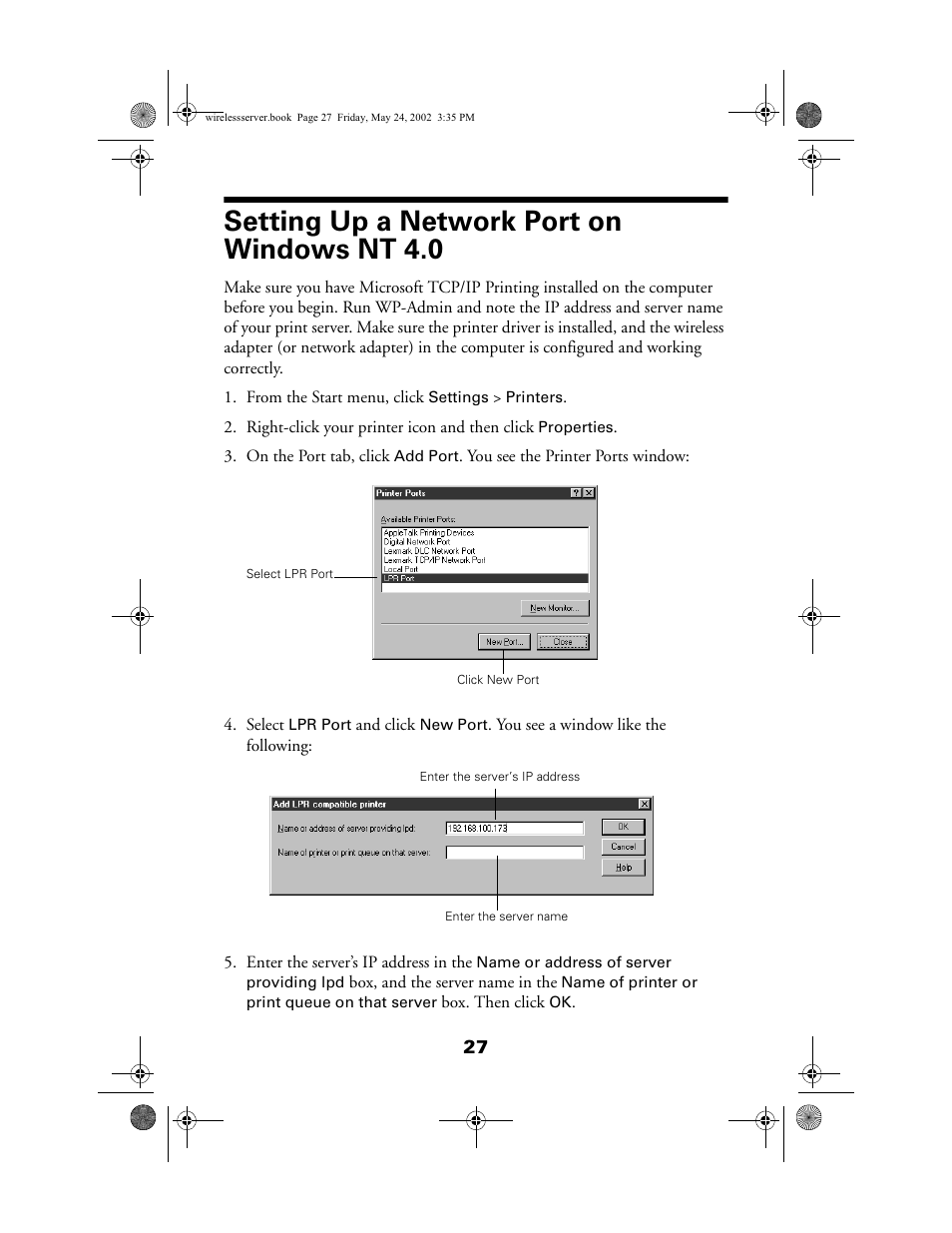 Setting up a network port on windows nt 4.0 | Epson 80211b User Manual | Page 31 / 68