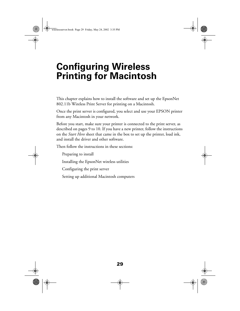 Configuring wireless printing for macintosh | Epson 80211b User Manual | Page 33 / 68