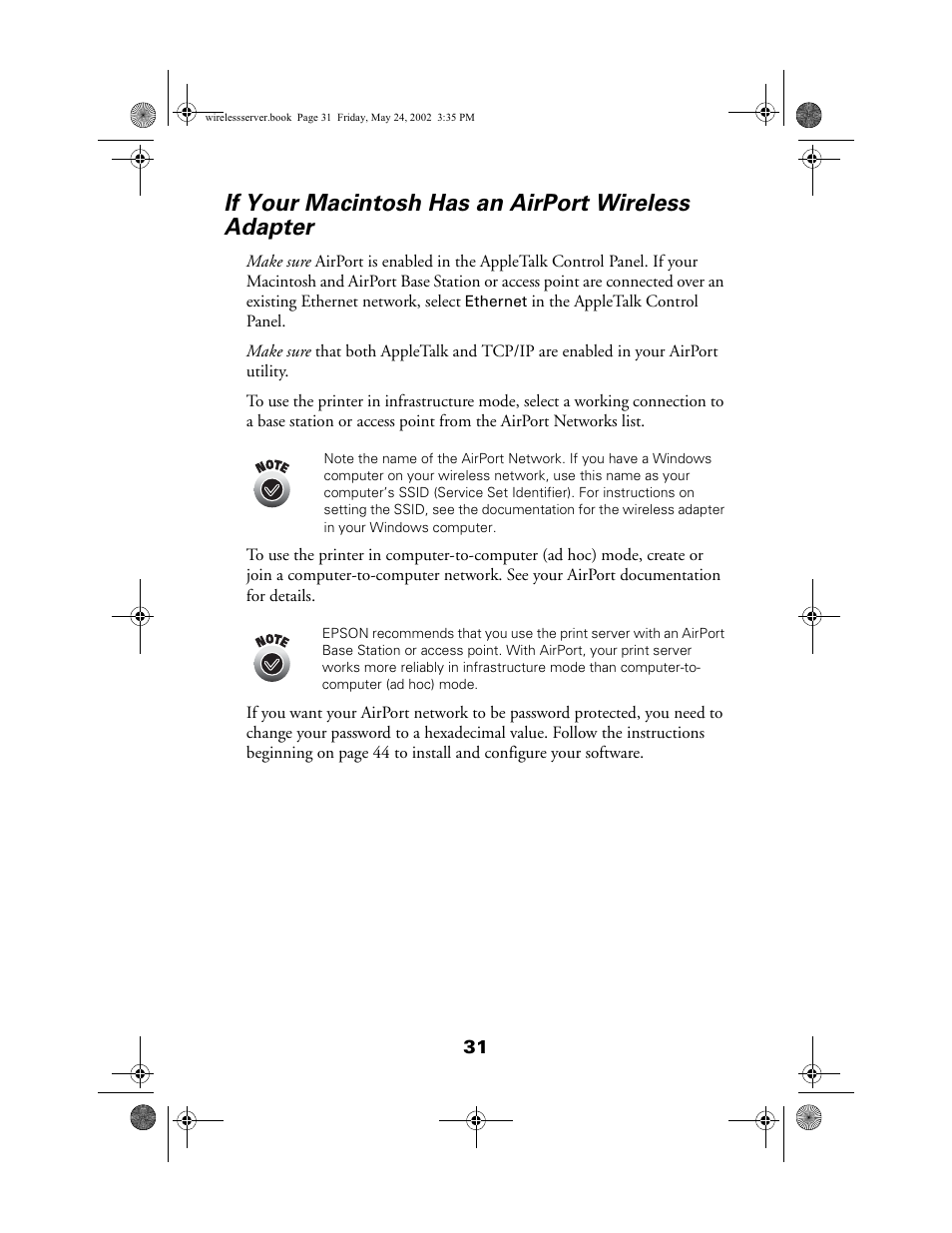 If your macintosh has an airport wireless adapter | Epson 80211b User Manual | Page 35 / 68